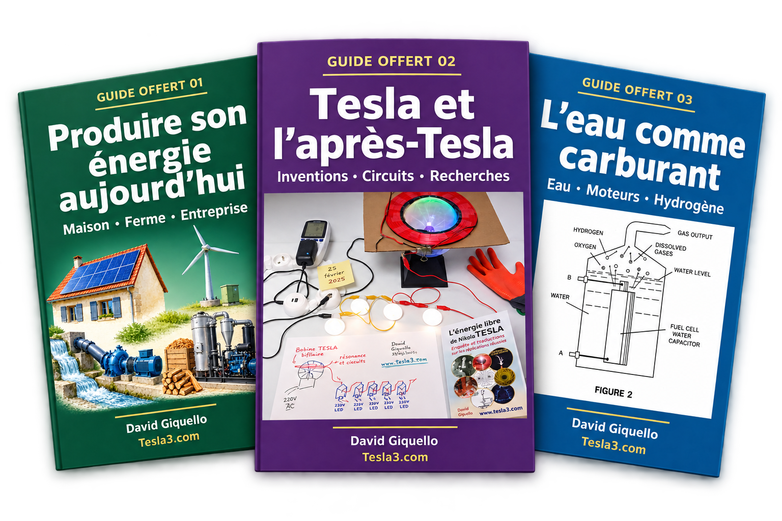 Trois guides PDF gratuits de David Giquello : Produire son énergie aujourd’hui, Tesla et l’après-Tesla, L’eau comme carburant.